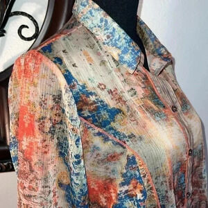 Soft Surroundings Women’s Sheer Watercolor Geometric Print Button Up Blouse